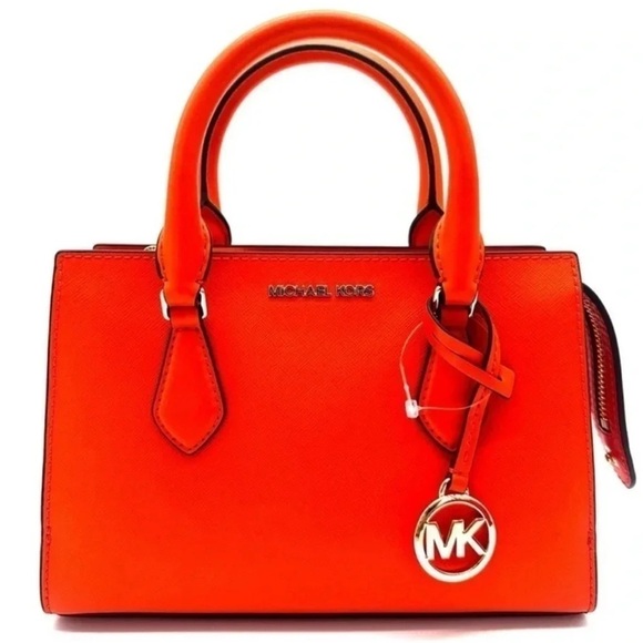 Michael Kors Sheila Small Center Zip Satchel Shoulder Crossbody Bag Orange/Gold - Picture 1 of 11